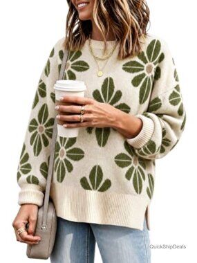 Oversized Floral Knit Pullover Sweater Crew Neck Long Sleeve